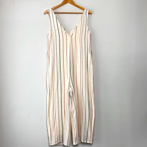 Cotton Linen Striped Sleeveless V Neck Wide Leg Jumpsuit - Picture 4 of 11